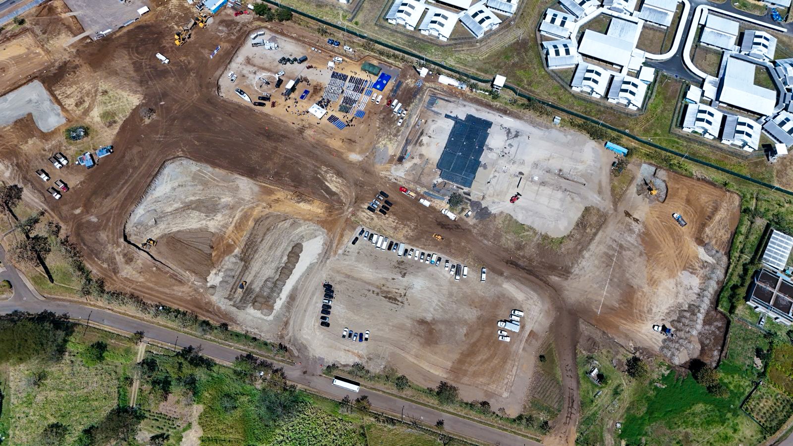 Aerial photograph of earthworks and facilities at the CACCO construction site