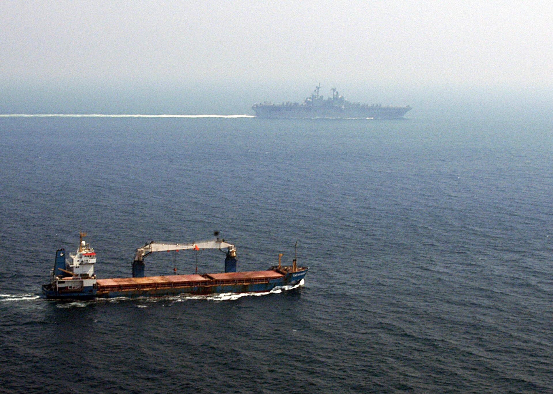 A merchant vessel passing through the Strait of Hormuz in 2004