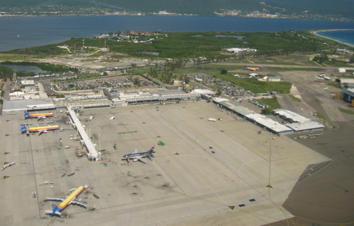 Aerial view of Norman Manley International Airport’s apron and terminal in Kingston