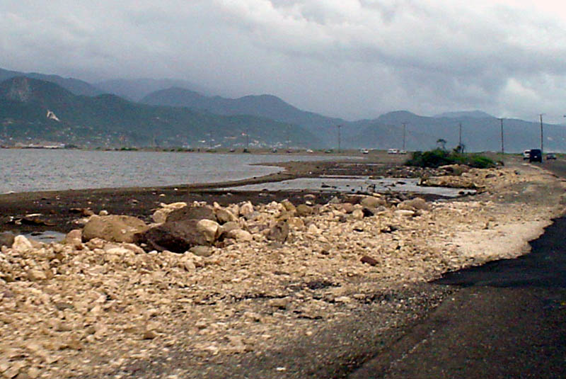 Coastal view toward the Kingston mainland from the Norman Manley airport approach
